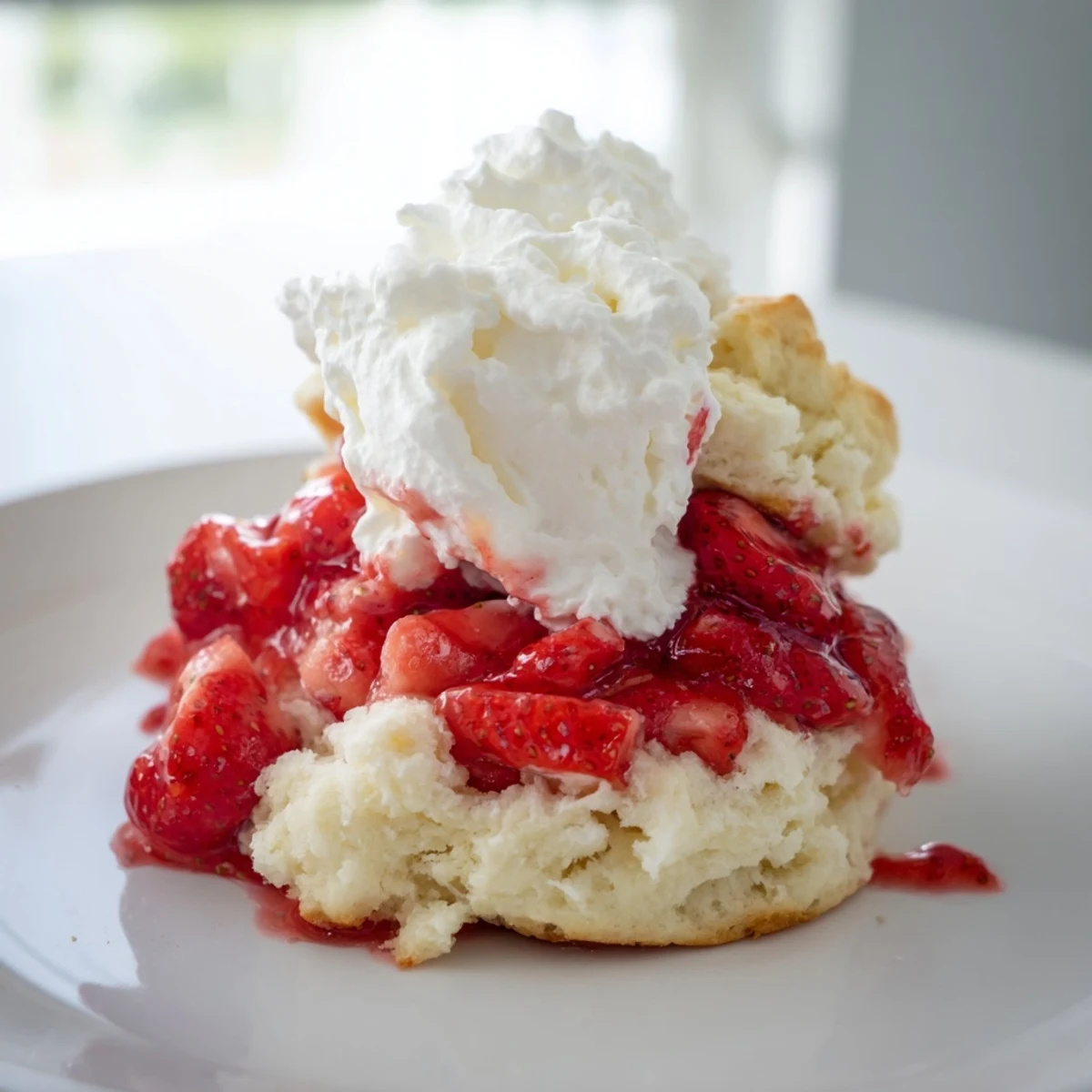 Fluffy homemade biscuits layered with juicy macerated strawberries and whipped cream for Strawberry Shortcake.