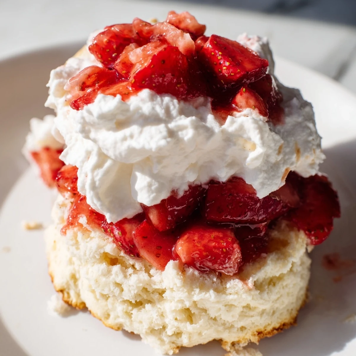Strawberry Shortcake with Homemade Biscuits served on a plate with sweet berry syrup drizzle.