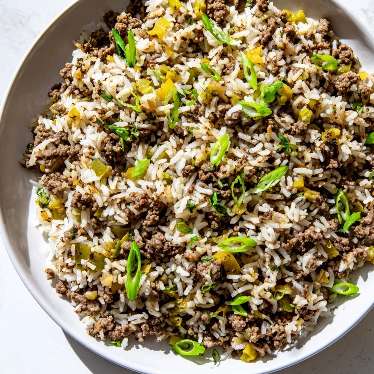 Hearty Cajun Dirty Rice with Ground Beef topped with fresh green onions, steaming in a rustic serving dish.