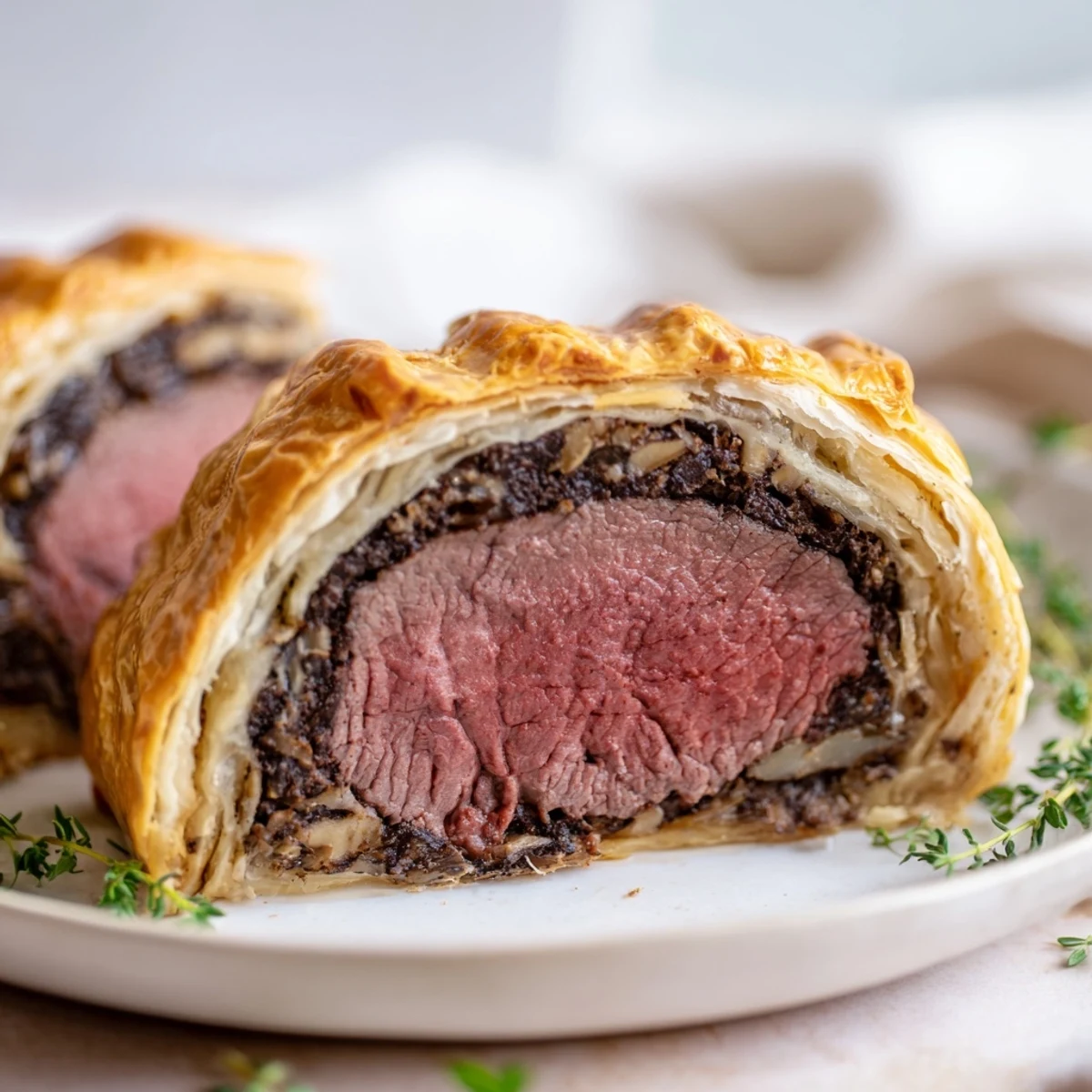 A close-up of sliced Beef Wellington with Mushroom Duxelles showing tender beef and golden pastry.