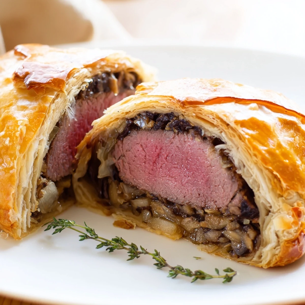 Freshly baked Beef Wellington with Mushroom Duxelles served on a rustic wooden board with herbs.