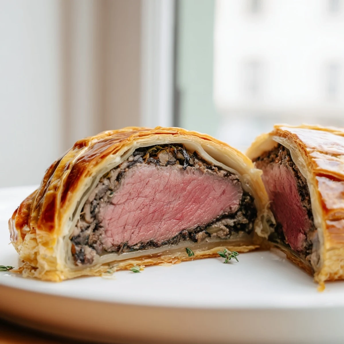 Golden Beef Wellington with Mushroom Duxelles sliced to reveal rich mushroom duxelles and juicy beef.