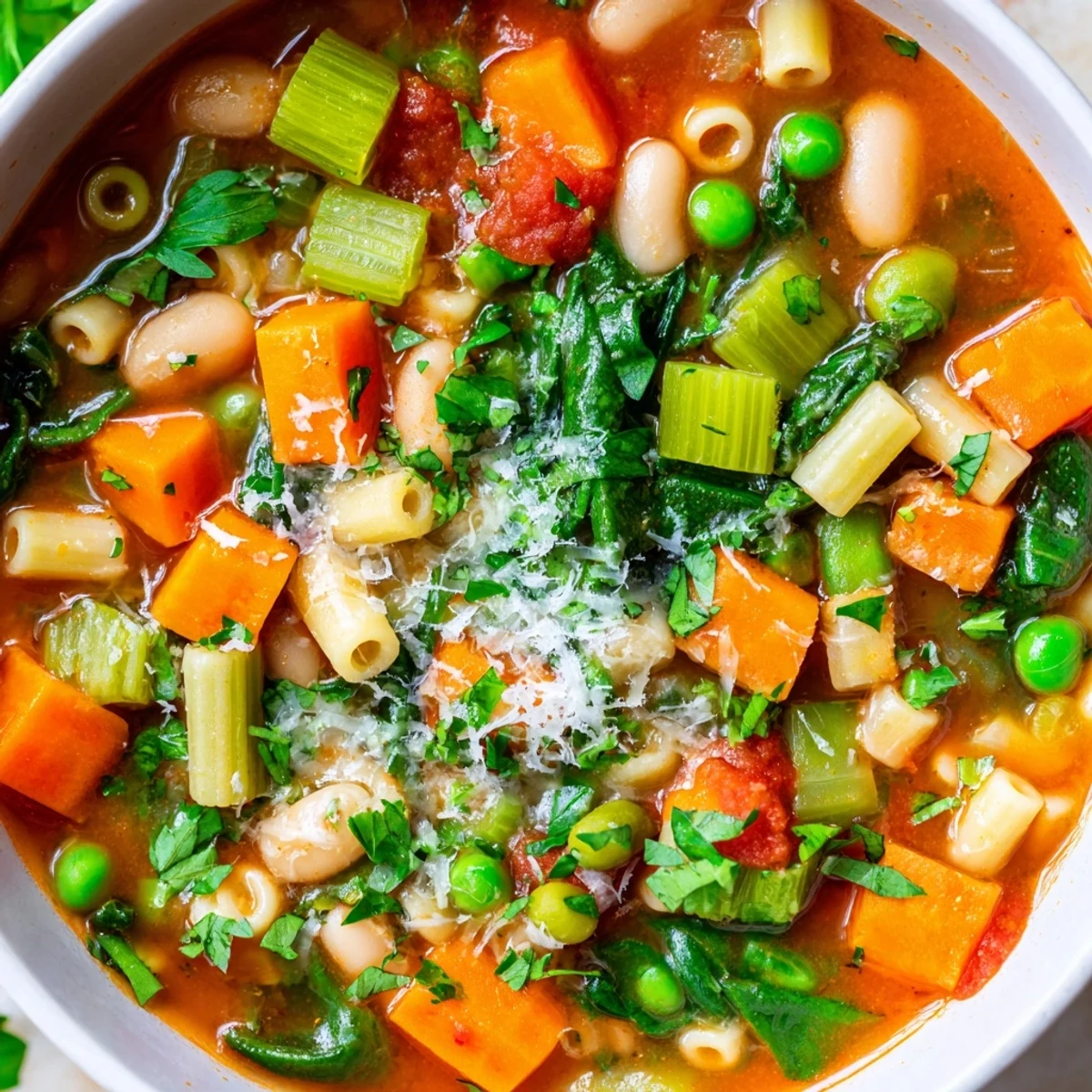 A steaming bowl of Spring Vegetable Minestrone Soup with colorful carrots, peas, and spinach in a rustic kitchen.