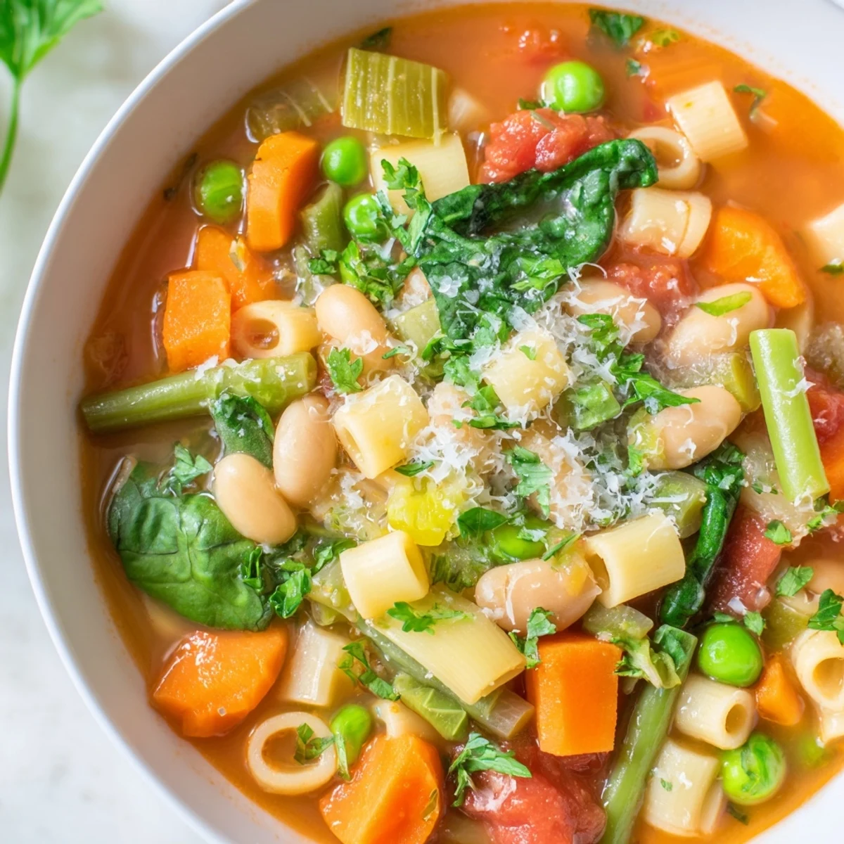 Close-up of Spring Vegetable Minestrone Soup featuring tender pasta and vibrant vegetables, served with crusty bread on the side.