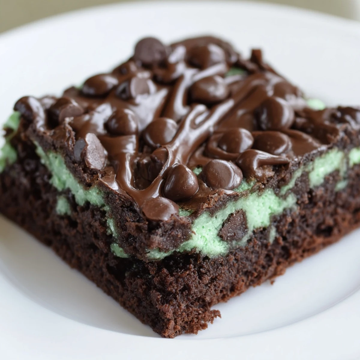 Mint Chocolate Chip Brownies on a white plate feature a glossy chocolate topping and crinkled top edges.