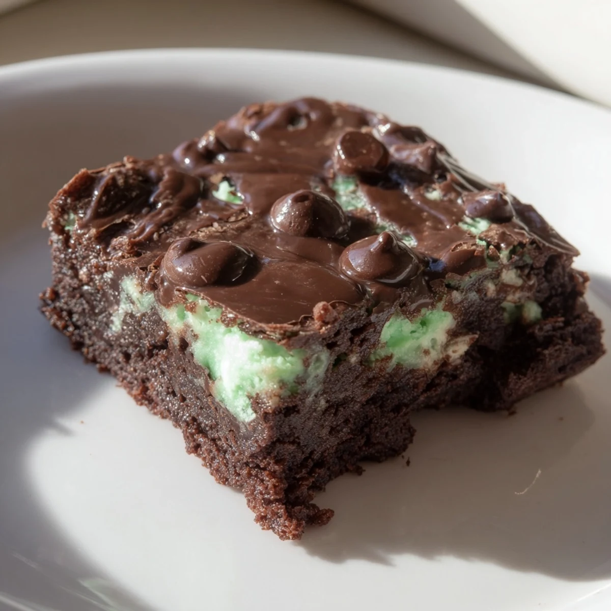 Freshly baked Mint Chocolate Chip Brownies cut into squares show a fudgy interior and swirled green mint layers.