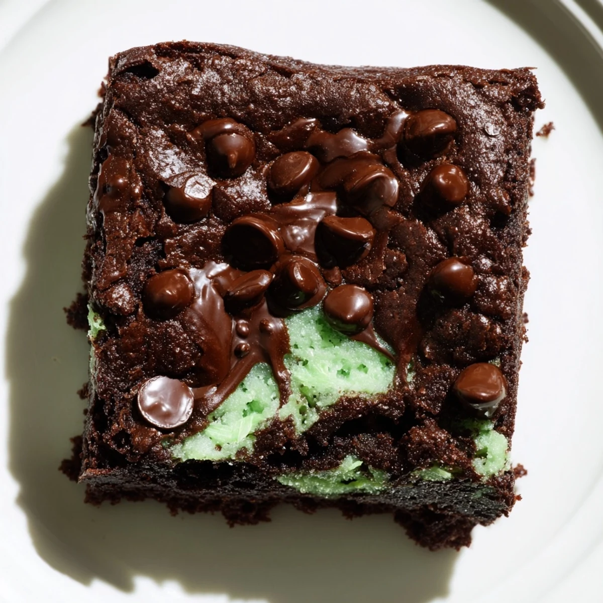 A close-up view of Mint Chocolate Chip Brownies reveals melted chocolate chips and a cool mint frosting layer.