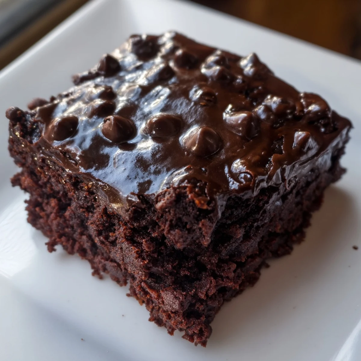 Fudgy Mint Chocolate Chip Brownies with ganache displayed on a white plate, topped with fresh mint leaves for a refreshing dessert presentation.
