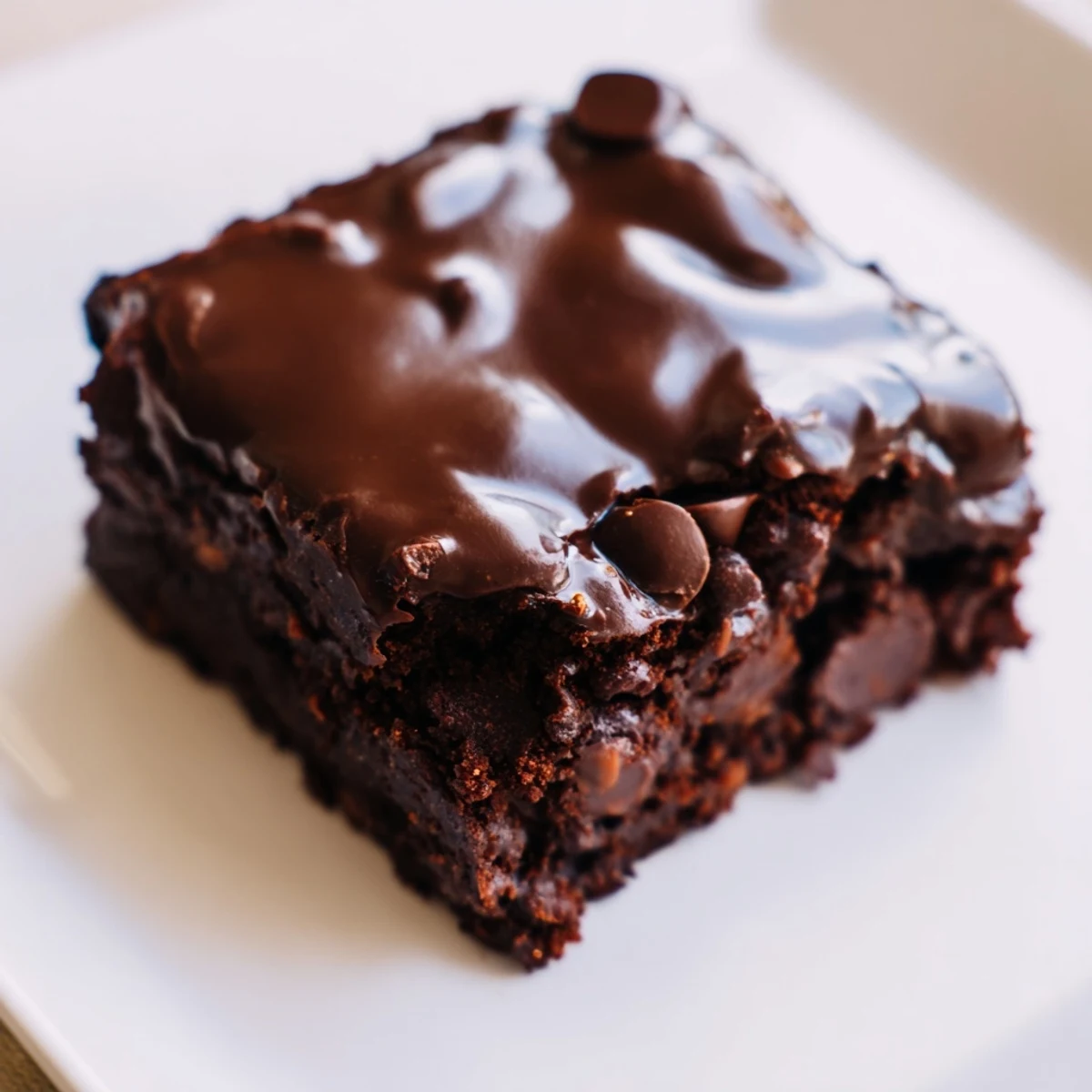 A close-up of Mint Chocolate Chip Brownies with ganache, cut into squares showing rich chocolate chips and a glossy dark chocolate topping.