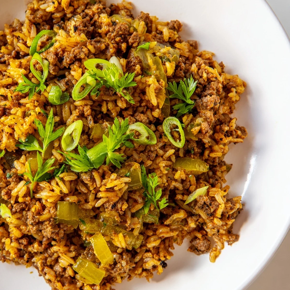 Cajun Dirty Rice with Ground Beef and Herbs sizzles with browned beef and aromatic vegetables in a hot skillet, ready to serve.