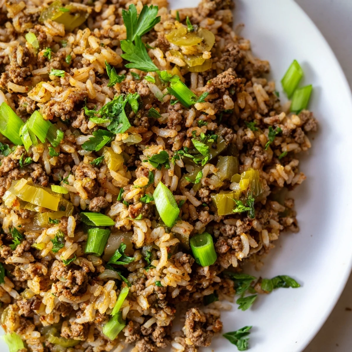 Cajun Dirty Rice with Ground Beef and Herbs steams in a bowl with fluffy grains, fresh parsley, and green onions for a hearty Southern meal.