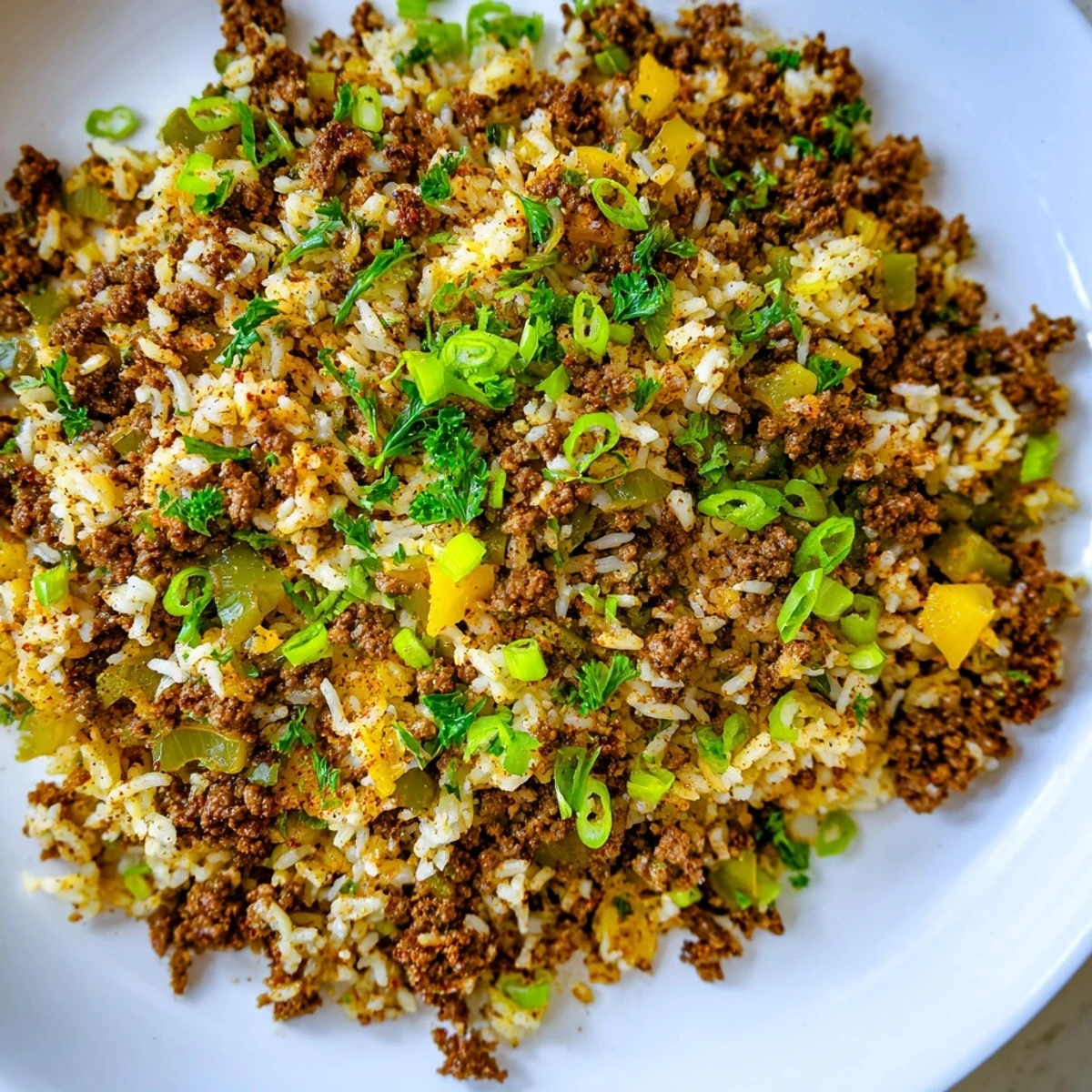 A close-up of Cajun Dirty Rice with Ground Beef and Herbs shows tender rice mixed with spiced beef, peppers, and herbs on a dinner plate.