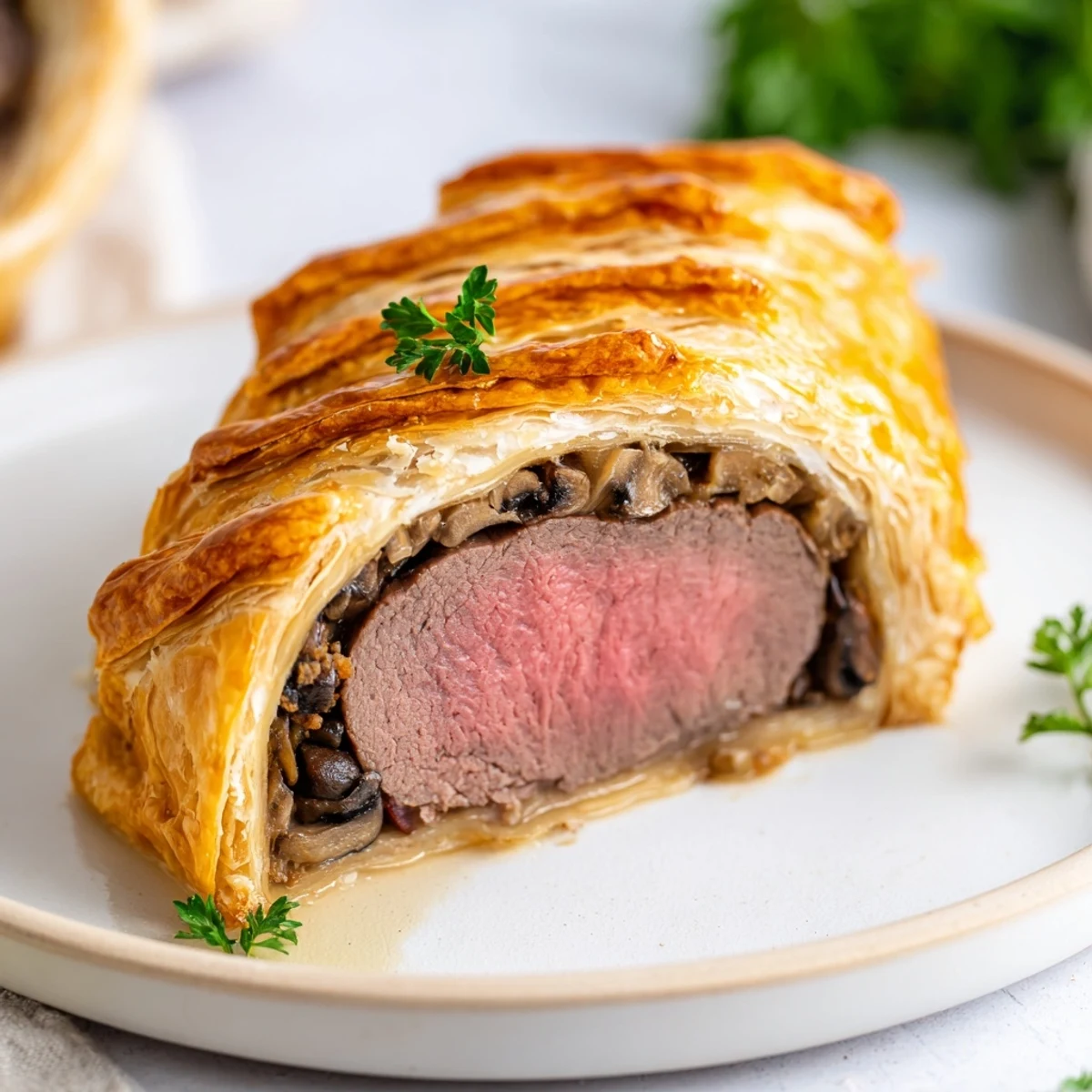 Beef Wellington with Mushroom Duxelles and Pastry rests on a wooden board, garnished with parsley and paired with a glass of red wine.