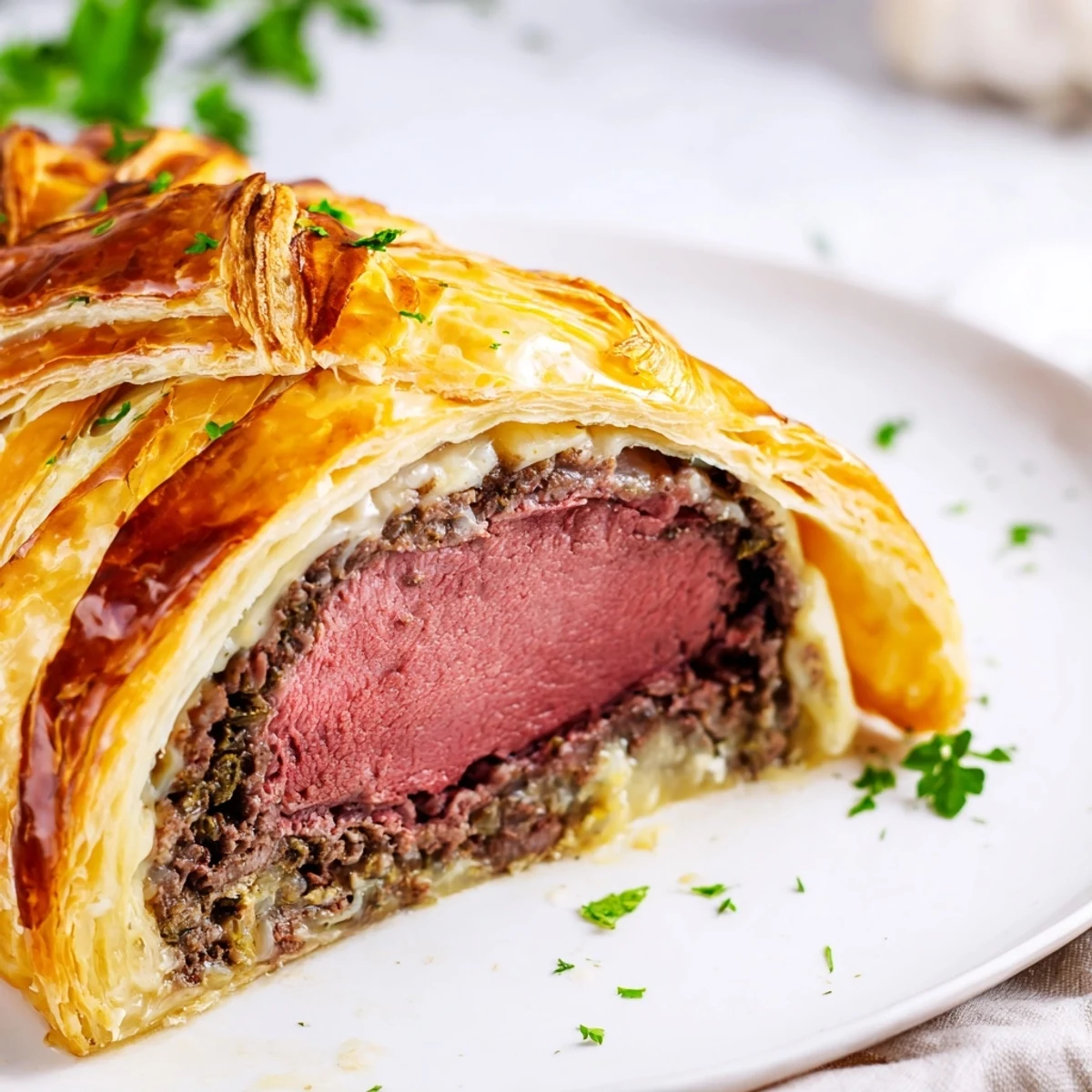 A freshly baked Beef Wellington with Mushroom Duxelles and Pastry shows golden, flaky crust and a rich, pink interior ready to slice.