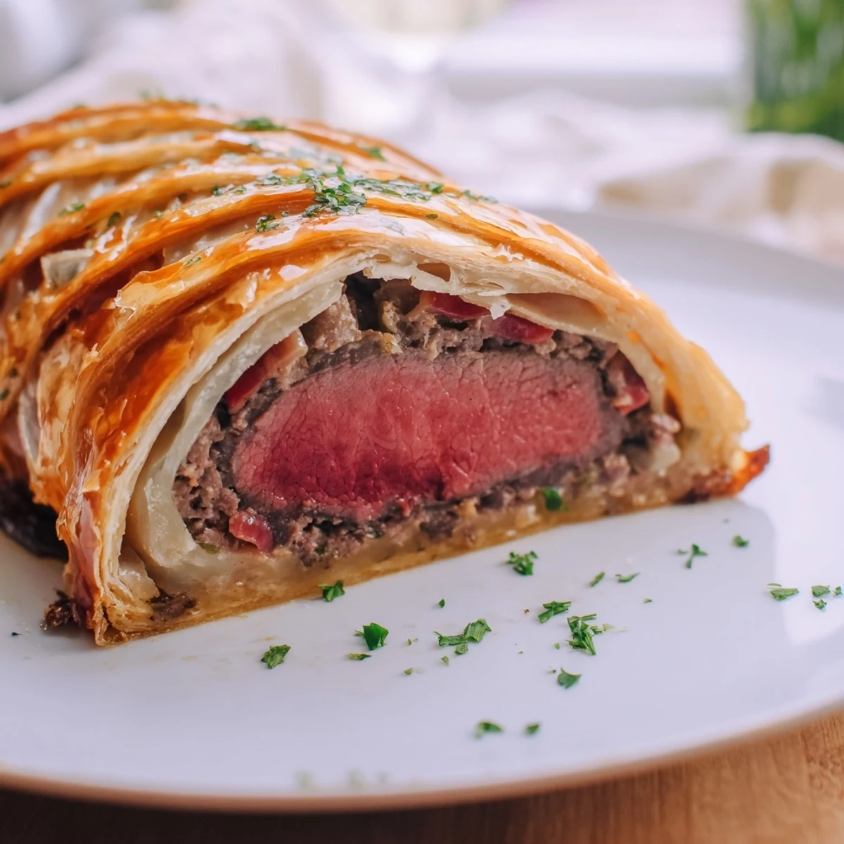 Close-up of Beef Wellington with Mushroom Duxelles and Pastry highlighting the buttery puff pastry and savory mushroom filling for a hearty main dish.