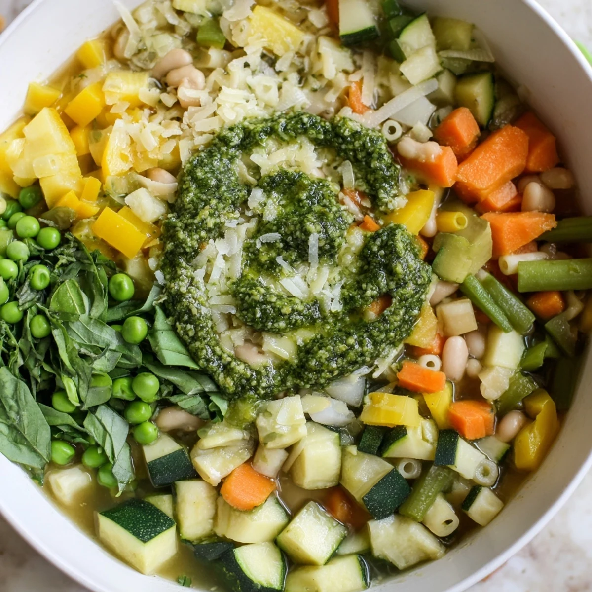 A warm bowl of Spring Vegetable Minestrone with Pesto Swirl, filled with fresh peas, carrots, and beans, ready to serve.