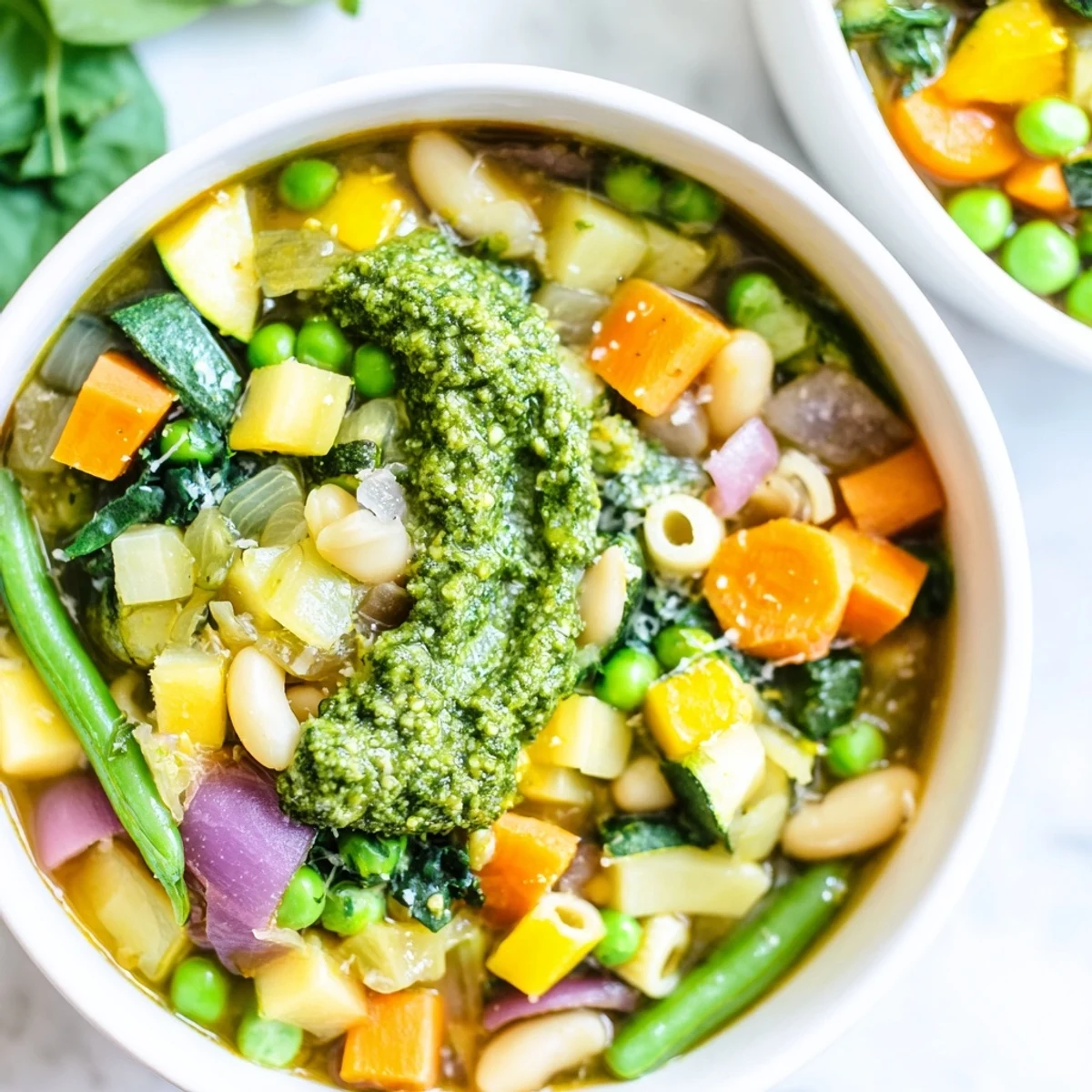 Steam rises from Spring Vegetable Minestrone with Pesto Swirl, showcasing zucchini, spinach, and colorful vegetables in a hearty Italian soup.