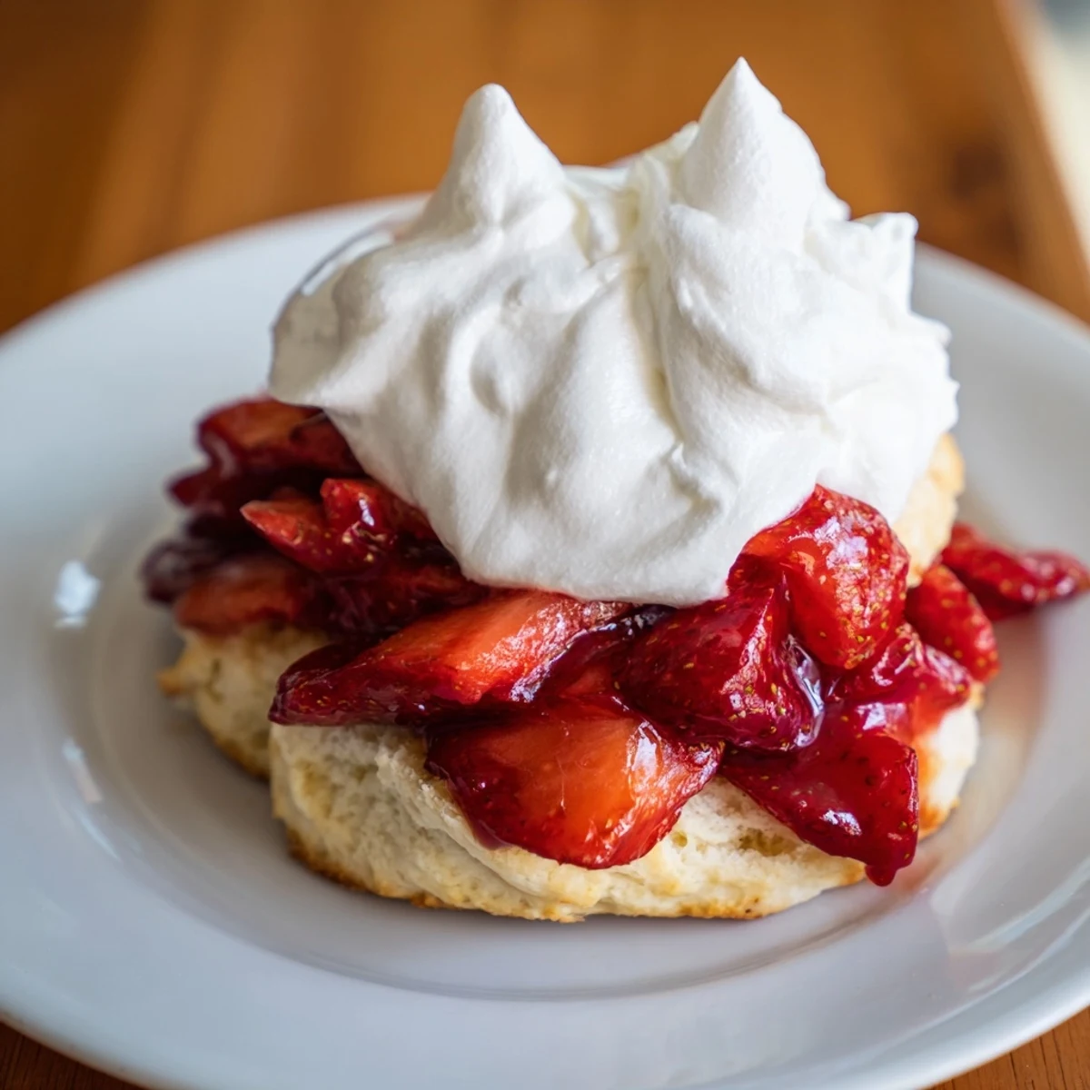 Golden buttermilk biscuit layers with fresh macerated strawberries and soft whipped cream, served on a white plate.