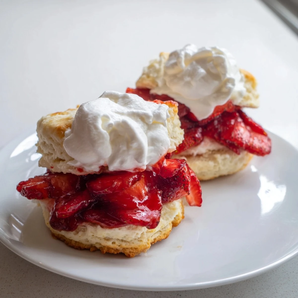 Overhead view of Strawberry Shortcake with sliced strawberries and powdered sugar on fluffy buttermilk biscuits for dessert.