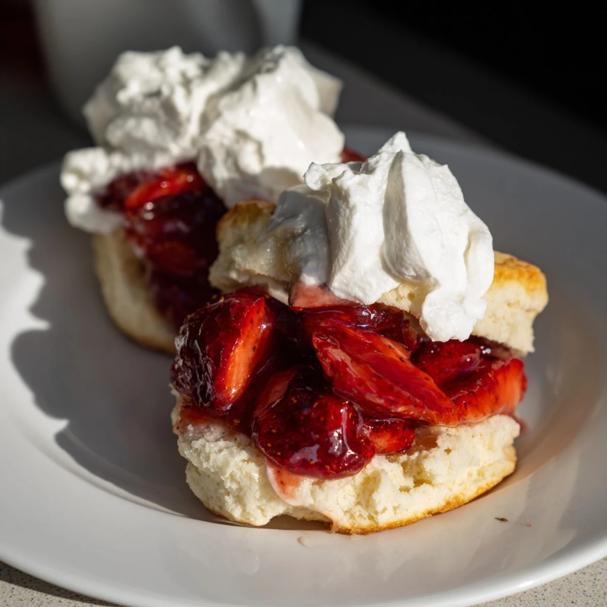 A close-up of homemade Strawberry Shortcake with juicy berries and billowy whipped cream topping the tender biscuits.