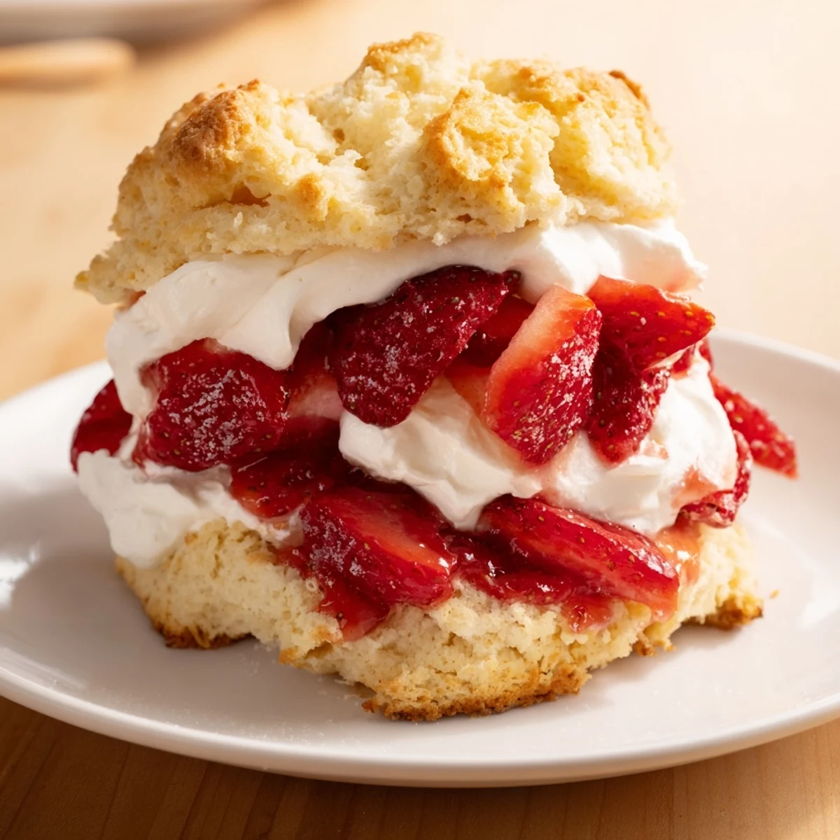 Golden-baked homemade buttermilk biscuits layered with juicy macerated strawberries and billowy whipped cream for Strawberry Shortcake with Homemade Buttermilk Biscuits.