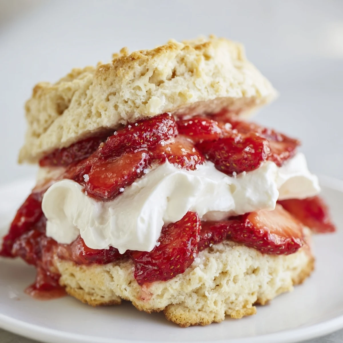 A close-up of Strawberry Shortcake with Homemade Buttermilk Biscuits showing flaky biscuit layers, sweet strawberry syrup, and fluffy cream topping.