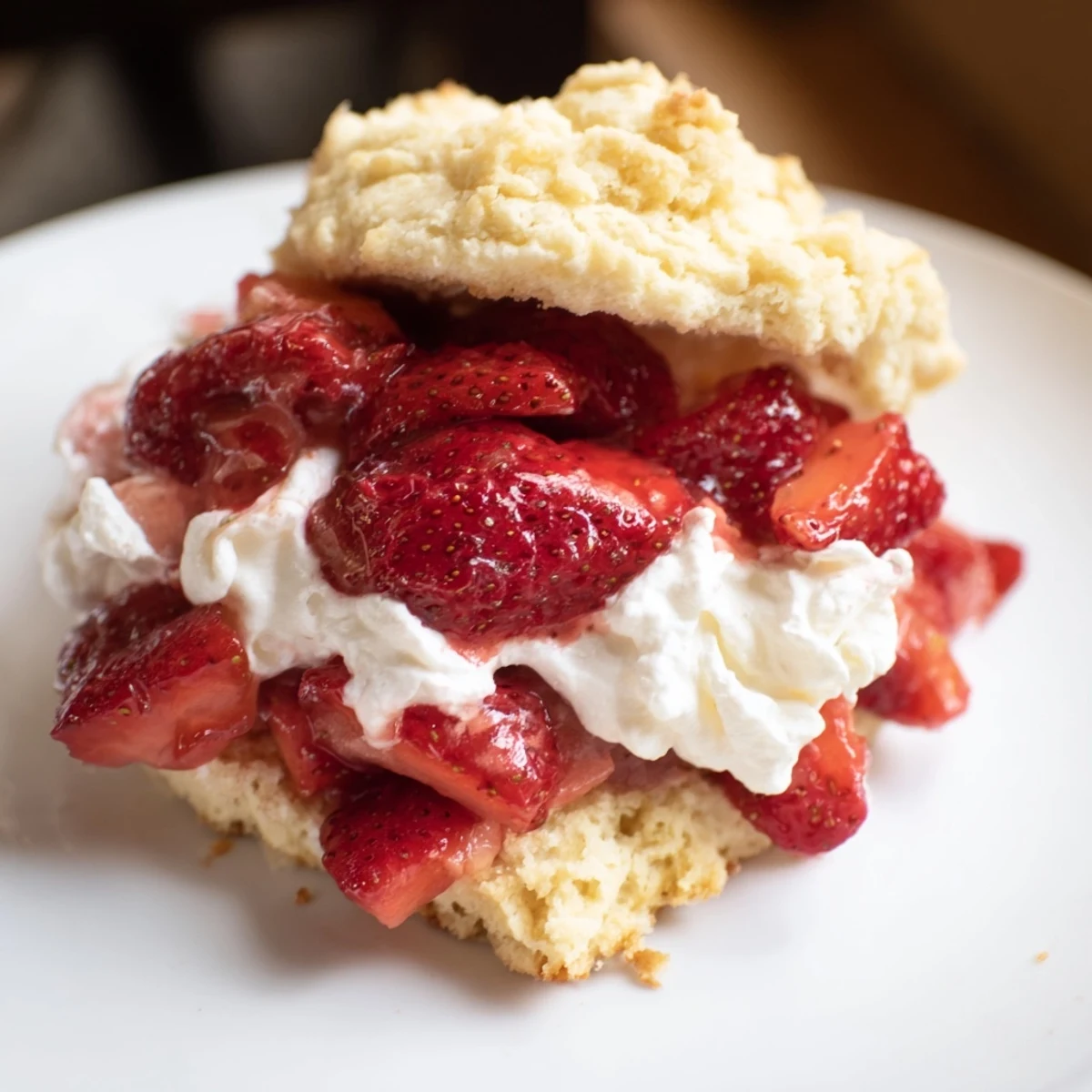 Slice into a serving of Strawberry Shortcake with Homemade Buttermilk Biscuits on a plate with fresh berries and a dollop of sweet cream.