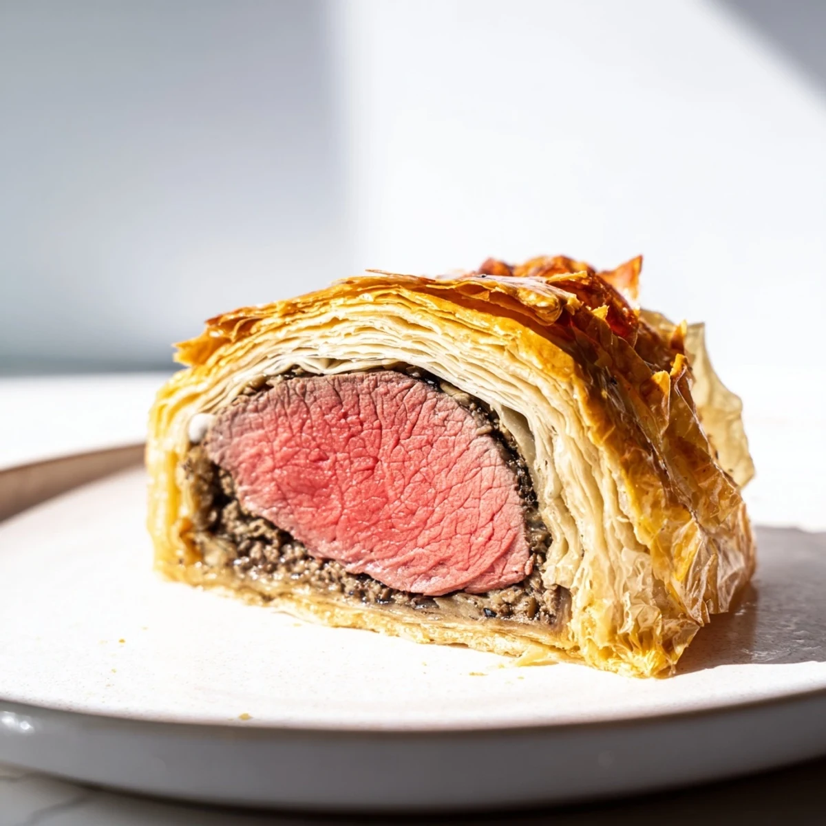 Golden, flaky puff pastry encasing tender beef fillet with rich mushroom duxelles, served sliced on a white plate.
