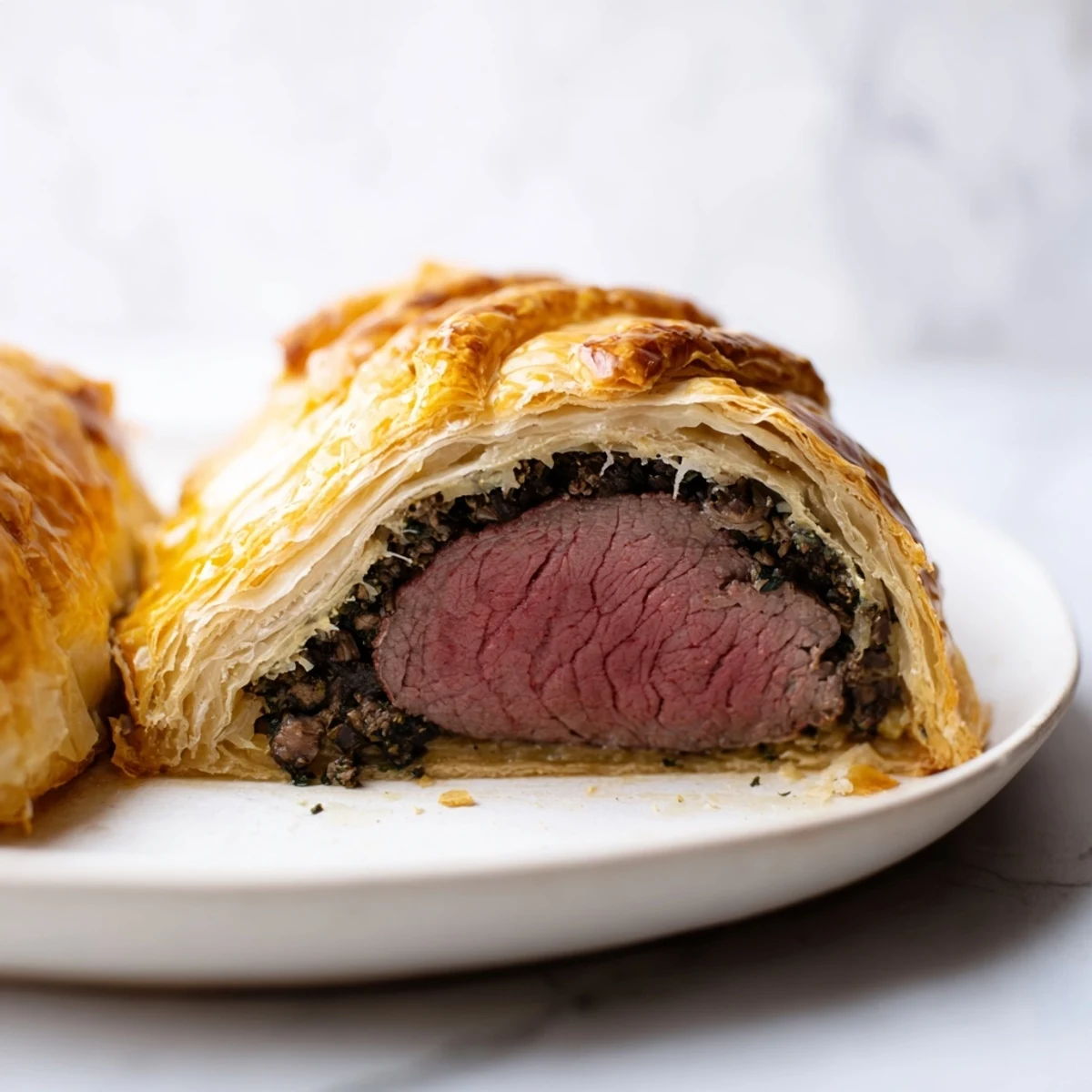 A close-up view of freshly baked Beef Wellington with buttery crust and savory mushroom filling on a rustic table.