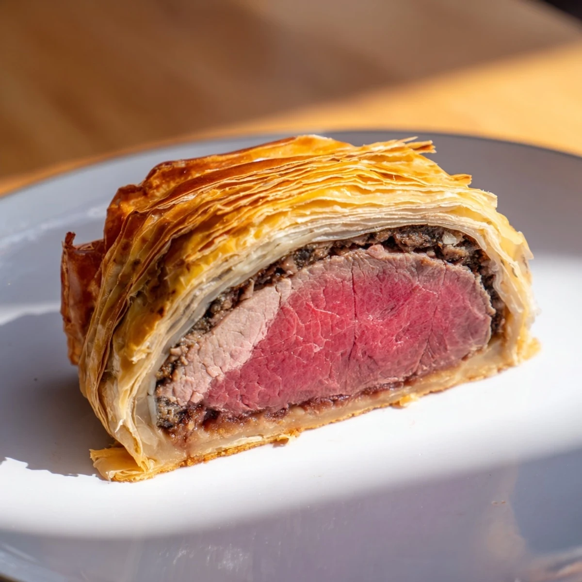 Perfectly seared Beef Wellington with mushroom duxelles and prosciutto, ready to be served for a dinner party.