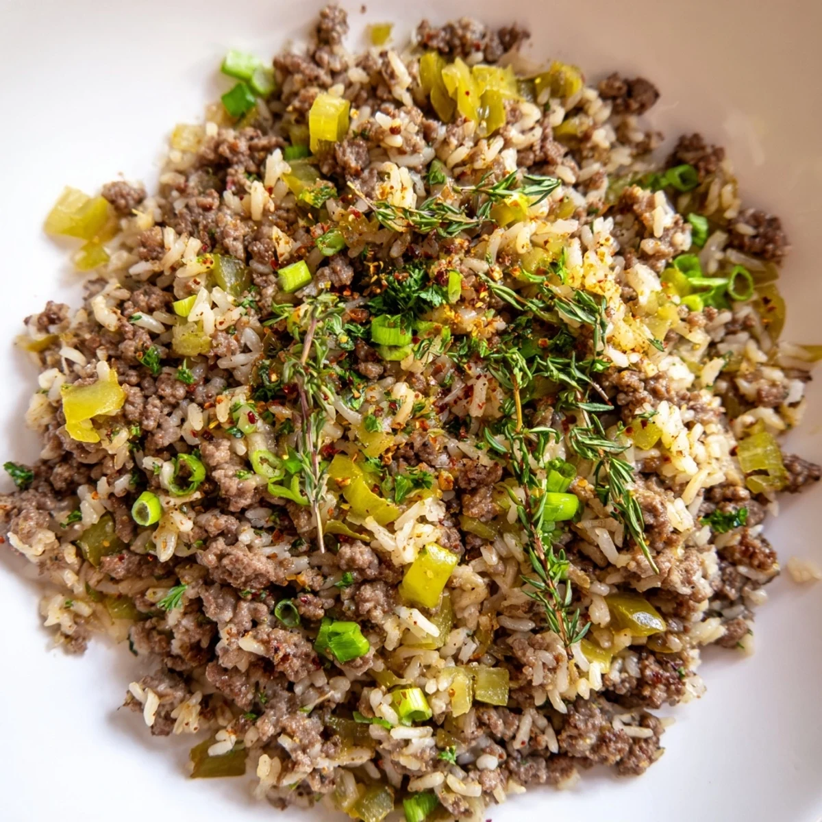 A steaming bowl of Cajun Dirty Rice with Ground Beef and Herbs, featuring aromatic vegetables, fluffierice, and fresh parsley garnish.