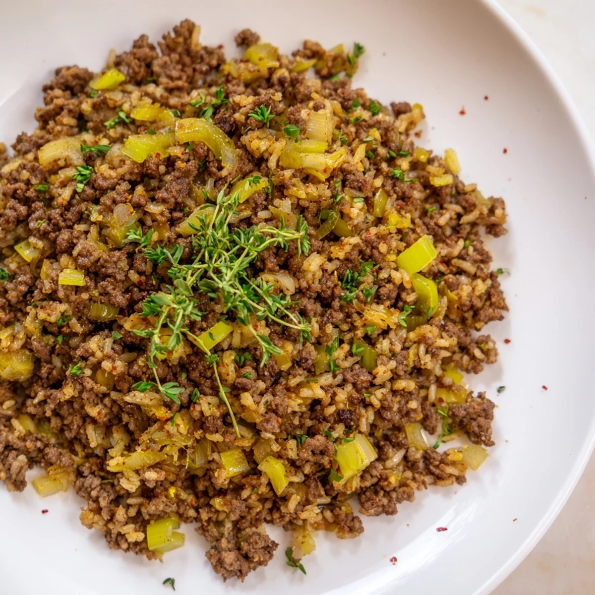 Close-up of Cajun Dirty Rice with Ground Beef and Herbs served in a rustic skillet with green onions and herbs.
