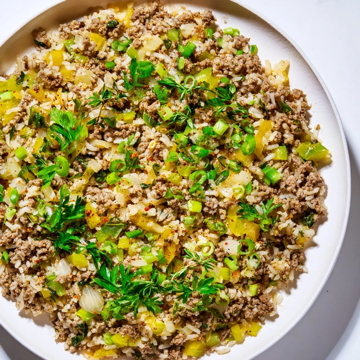 A hearty serving of Cajun Dirty Rice with Ground Beef and Herbs on a white plate, ready to enjoy.