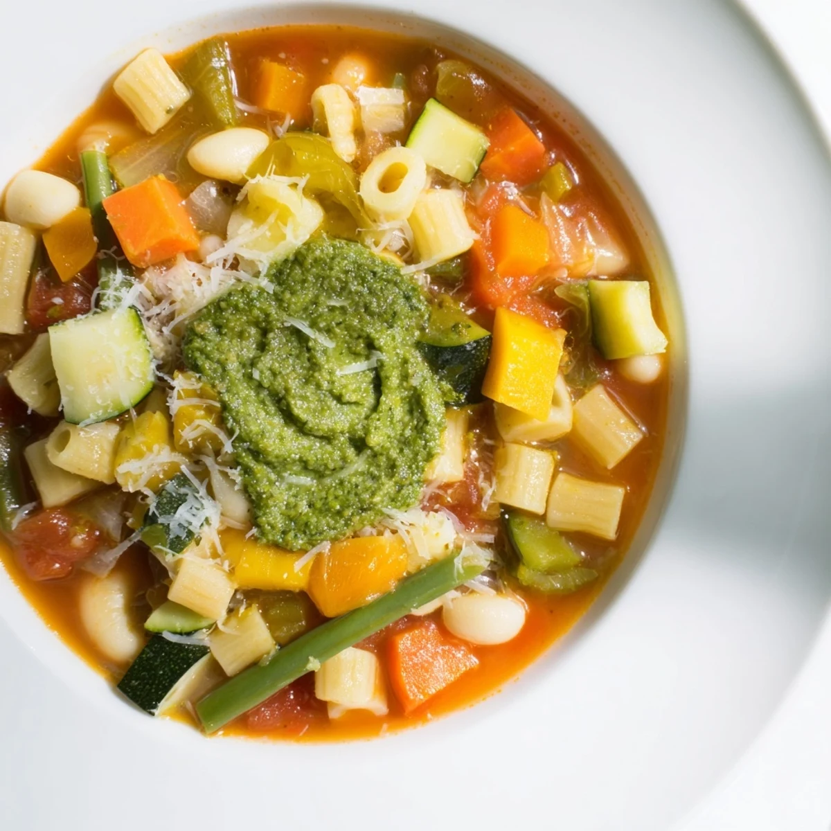 A vibrant bowl of Spring Vegetable Minestrone with Pesto Swirl features tender zucchini and bright peas in a savory broth.