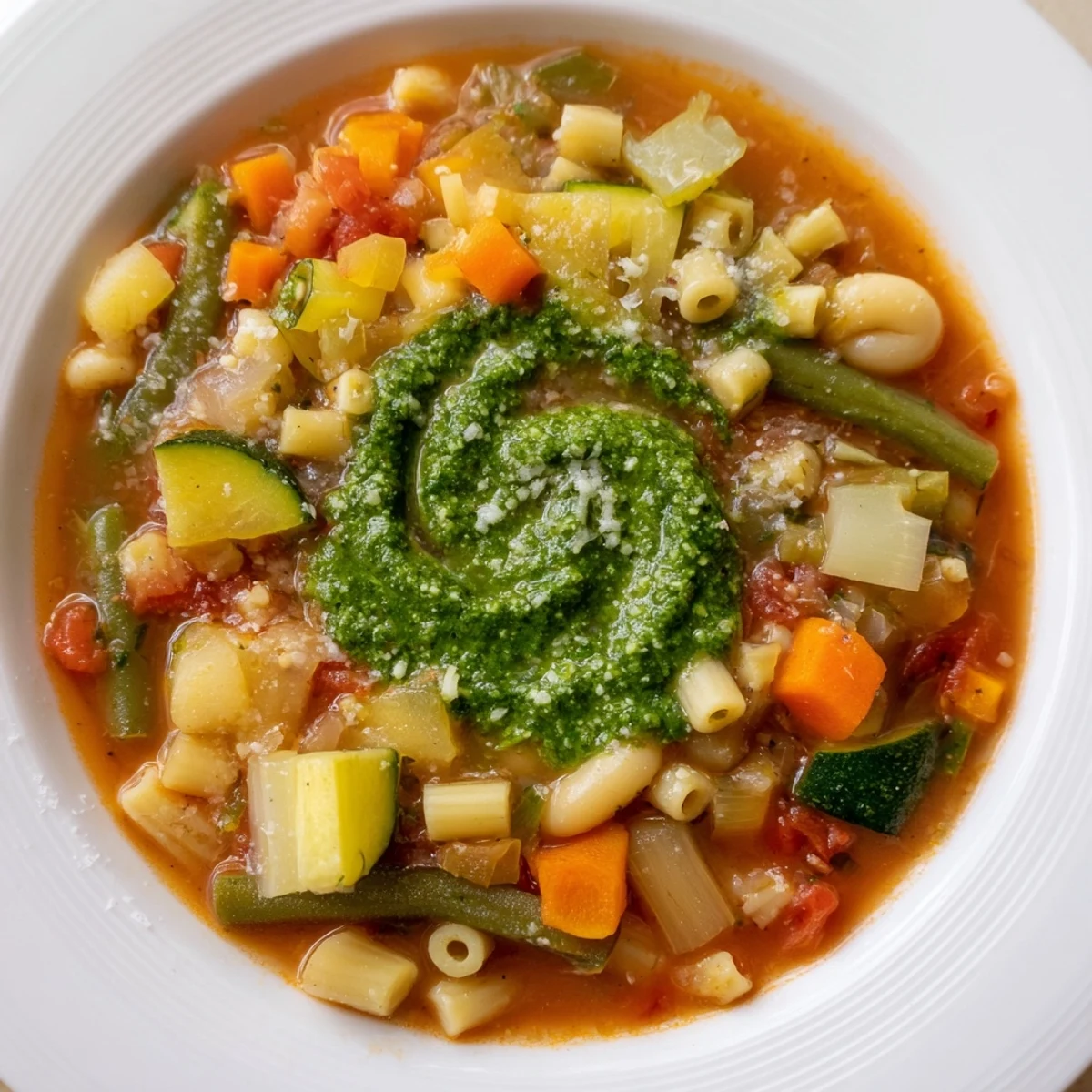 Close-up view shows Spring Vegetable Minestrone with Pesto Swirl in a rustic bowl, garnished with Parmesan and crusty bread nearby.