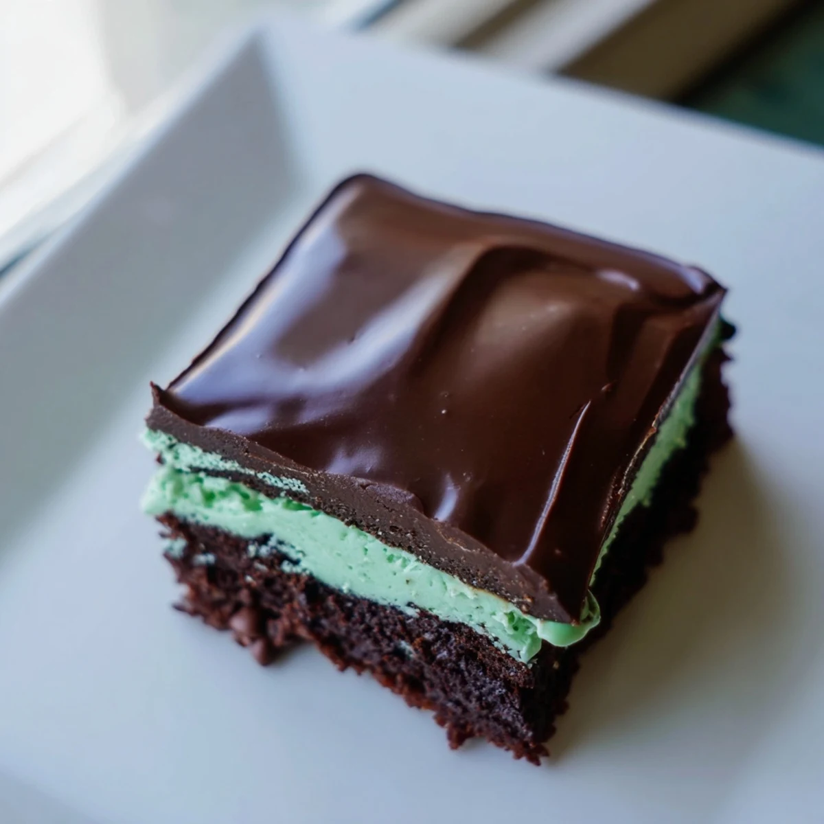 Decadent Mint Chocolate Chip Brownies with Ganache sliced to reveal moist crumb and mint filling.