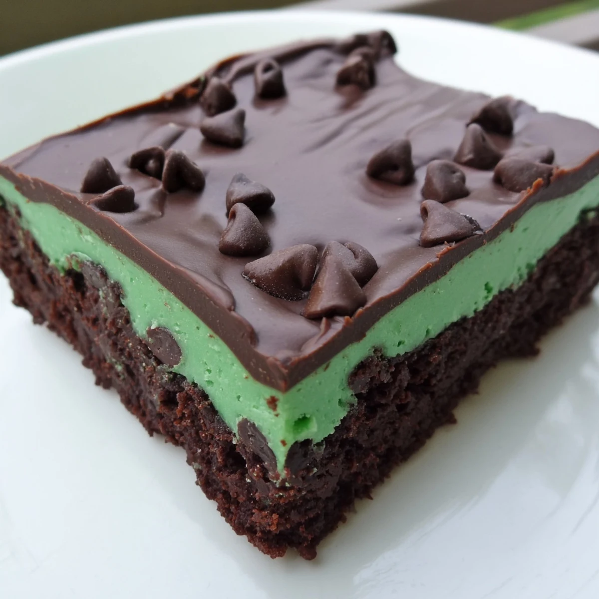 Mint Chocolate Chip Brownies cut into squares, stacked on a white plate with a few crumbs and chocolate chips scattered nearby for visual texture.