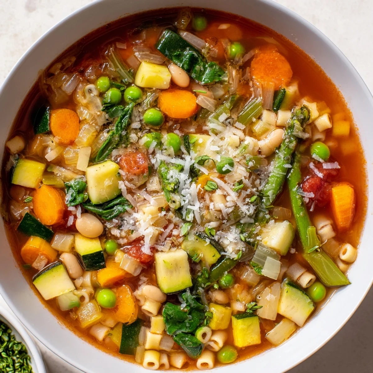 A close-up of Spring Vegetable Minestrone Soup in a rustic bowl, steam rising, garnished with fresh parsley and grated Parmesan.