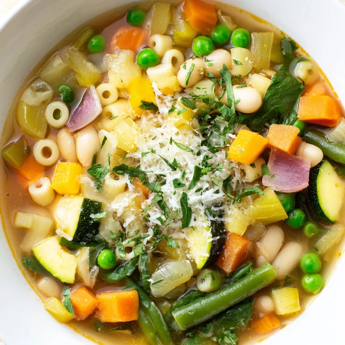 Hearty Spring Vegetable Minestrone Soup simmering in a pot, filled with bright green peas, zucchini, and tender white beans.