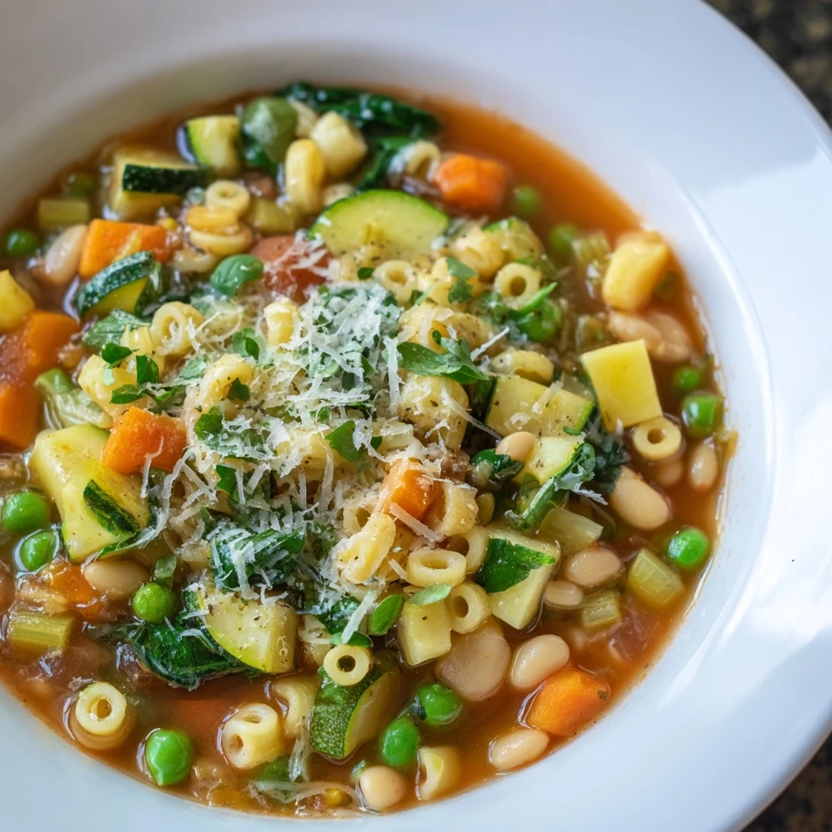 Serving suggestion for Spring Vegetable Minestrone Soup alongside crusty artisan bread on a wooden table for a complete meal.