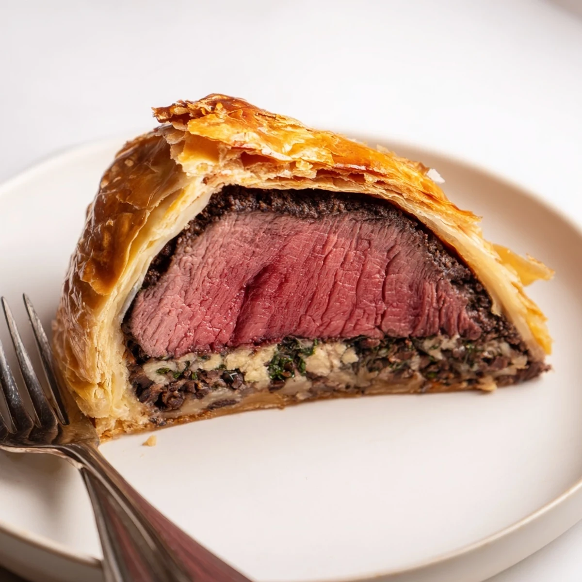 Golden, flaky puff pastry encases a slice of Beef Wellington with Mushroom Duxelles, revealing tender pink beef next to rich, dark mushrooms. 