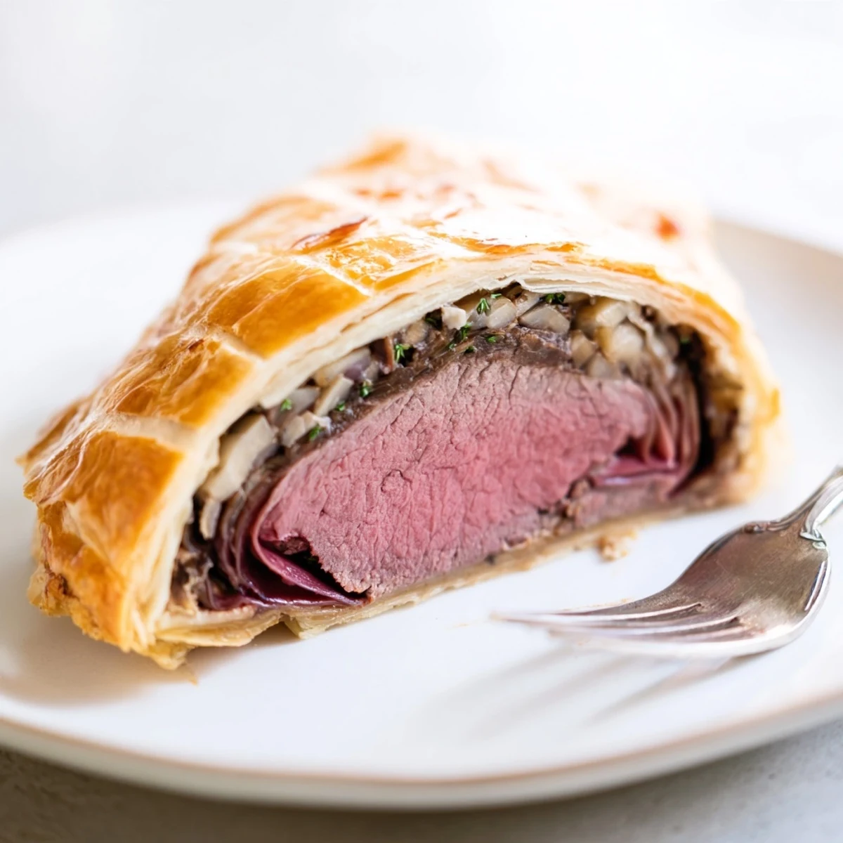 Fresh thyme sprigs and a glass of red wine accompany a plated slice of Beef Wellington with Mushroom Duxelles on a rustic wooden table. 