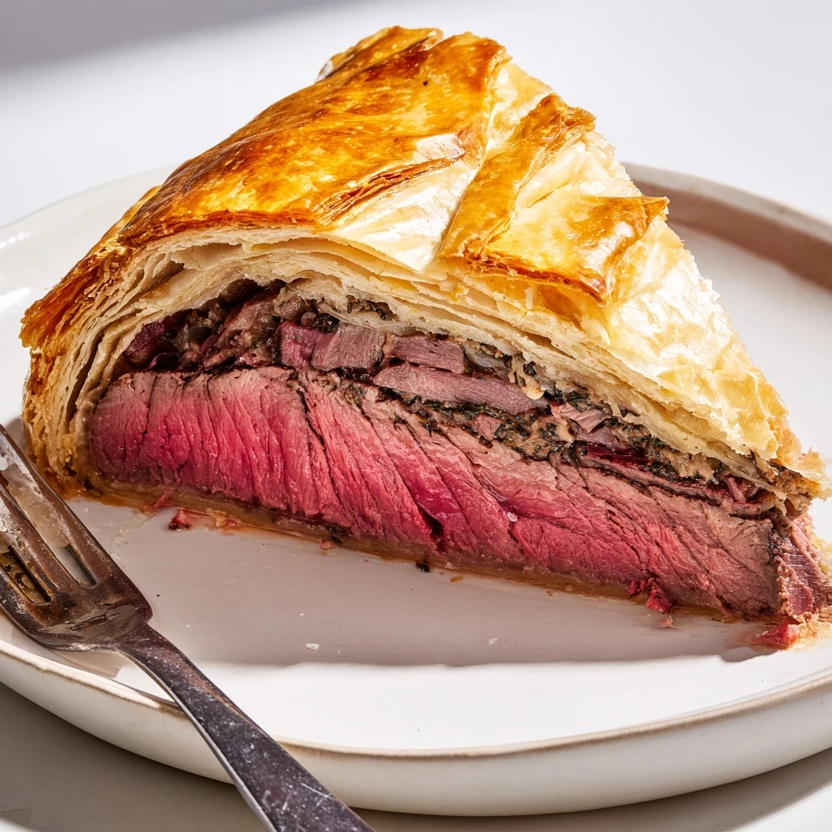 A knife cuts through the crisp crust of a whole Beef Wellington with Mushroom Duxelles, exposing the juicy beef and savory prosciutto layers.
