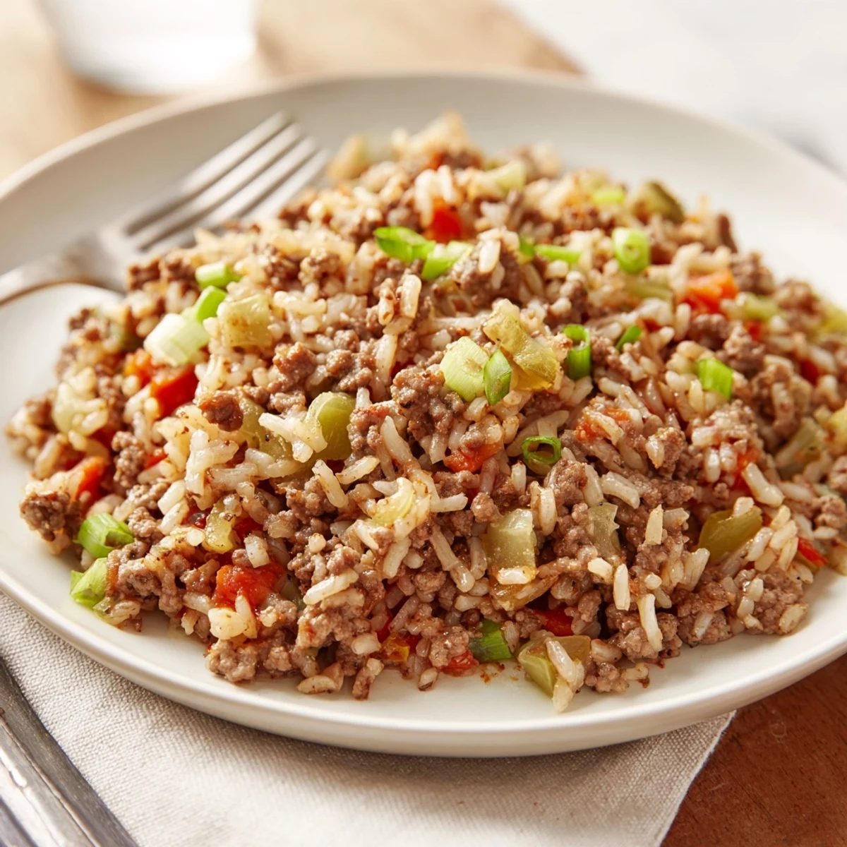 A close-up of Cajun Dirty Rice with Ground Beef, steaming with sautéed bell peppers, celery, and fresh parsley garnish.