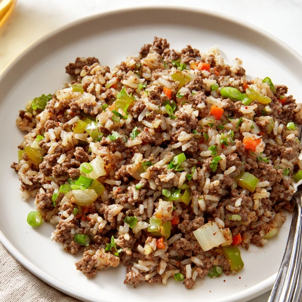 Hearty plate of Cajun Dirty Rice with Ground Beef, garnished with green onions, ready for a spicy dinner side.