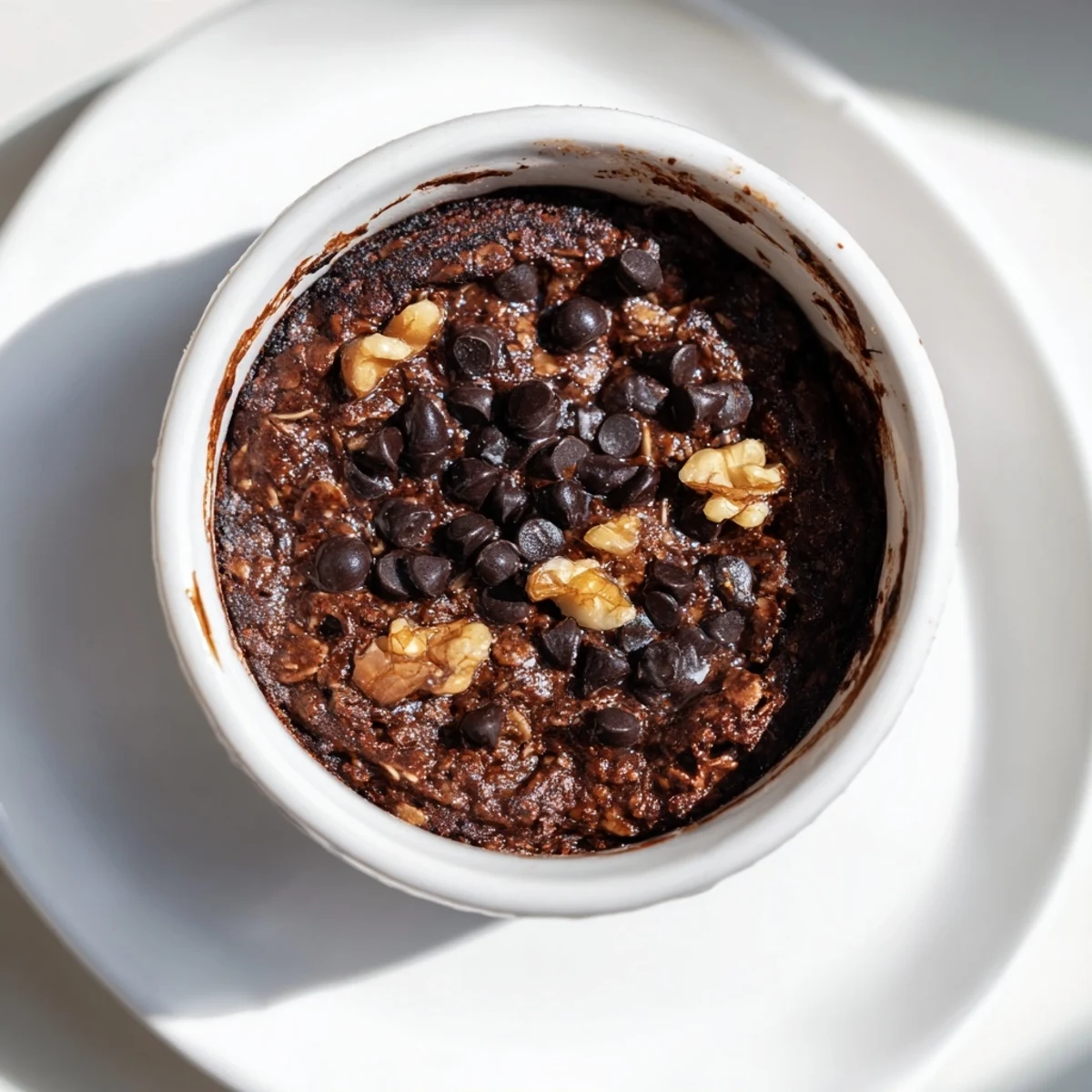 Freshly baked Easy Chocolate Baked Oats with melted chocolate chips in ramekins served warm for breakfast.