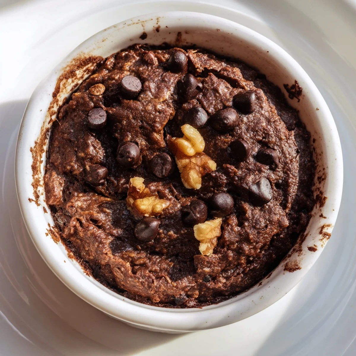 Warm Easy Chocolate Baked Oats topped with chopped walnuts and a drizzle of milk for a cozy morning.
