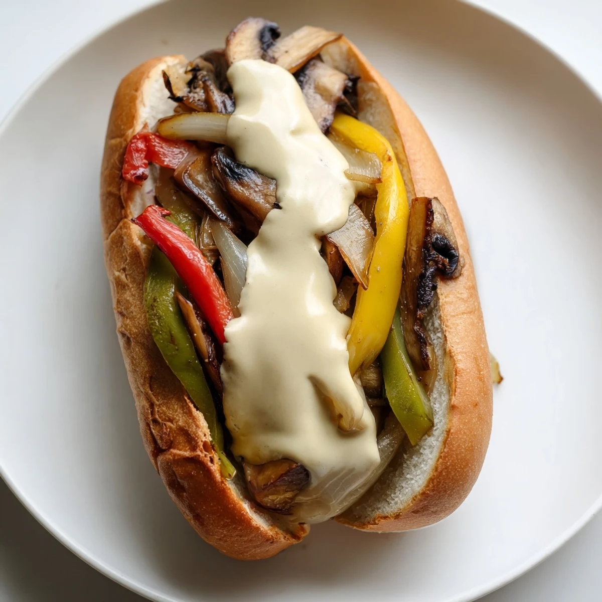 Vegan Philly Cheesesteaks stuffed with savory mushrooms and peppers in a toasted hoagie roll with creamy vegan cheese sauce.
