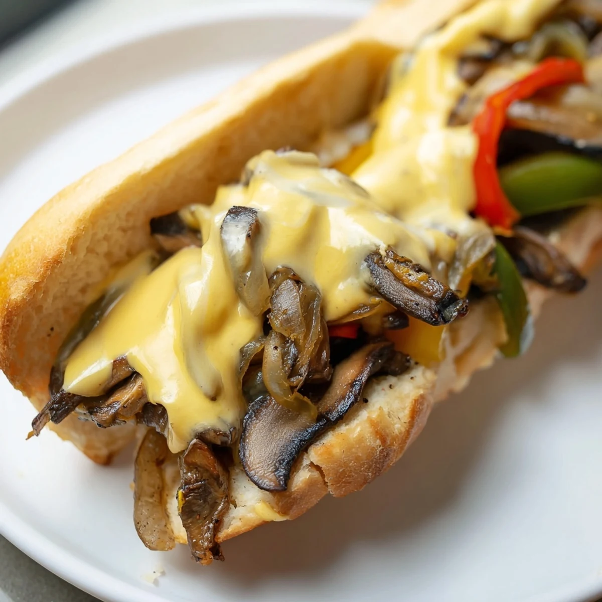 A close-up of golden sautéed onions and portobello mushrooms in a Vegan Philly Cheesesteaks sandwich, ready to be served.