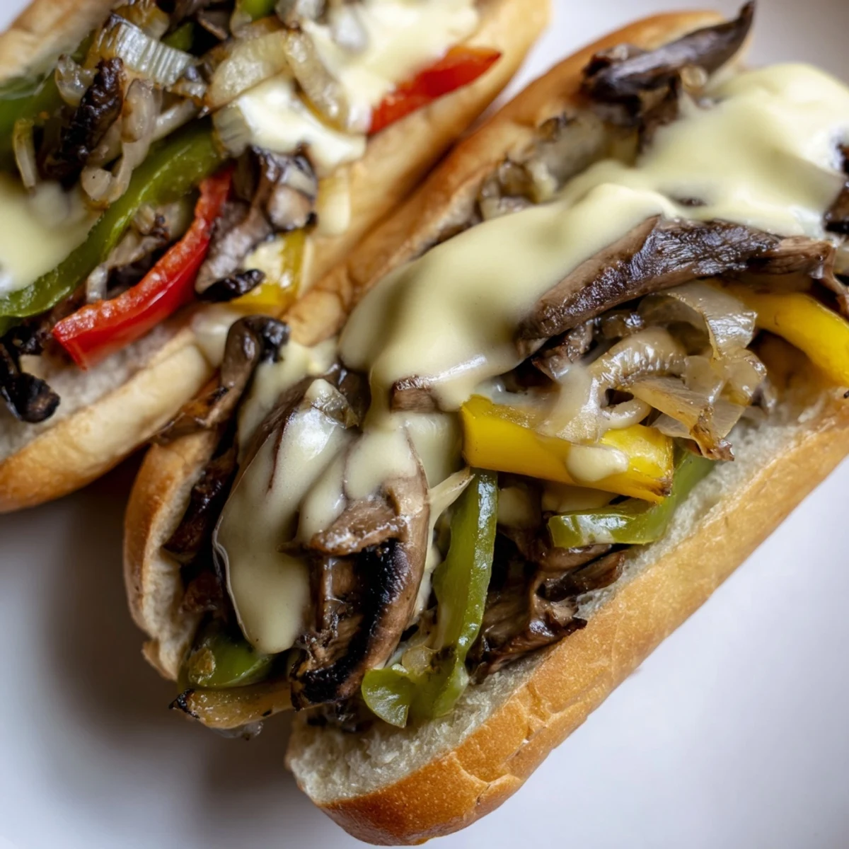 The classic Vegan Philly Cheesesteaks served hot, overflowing with colorful peppers and melty dairy-free cheese sauce on bread.